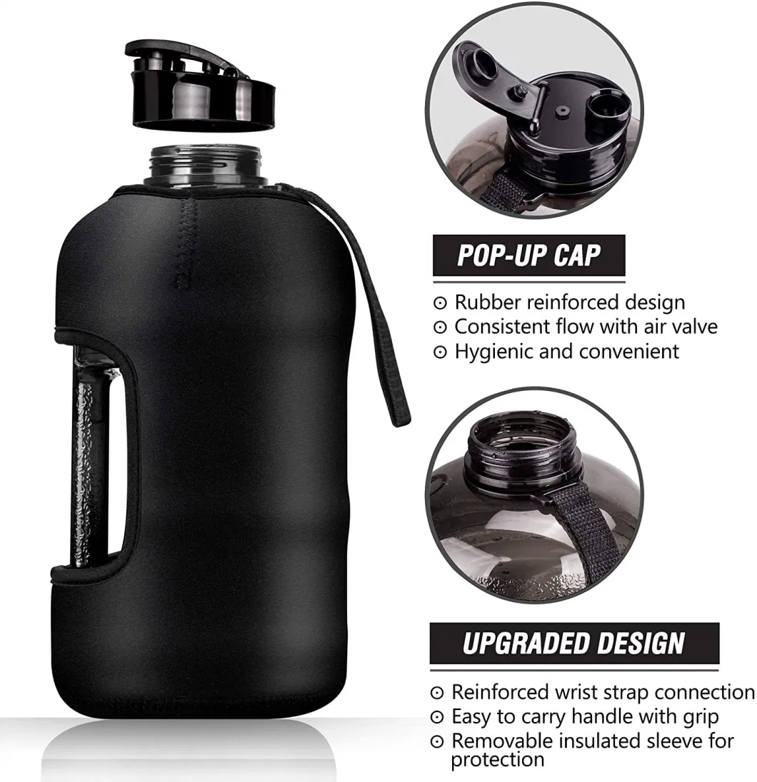 BPA Free 2.2L 3.78L Half Gallon Big Sports Gym Water Bottle Jug with Sleeve with Straw & Time Marker