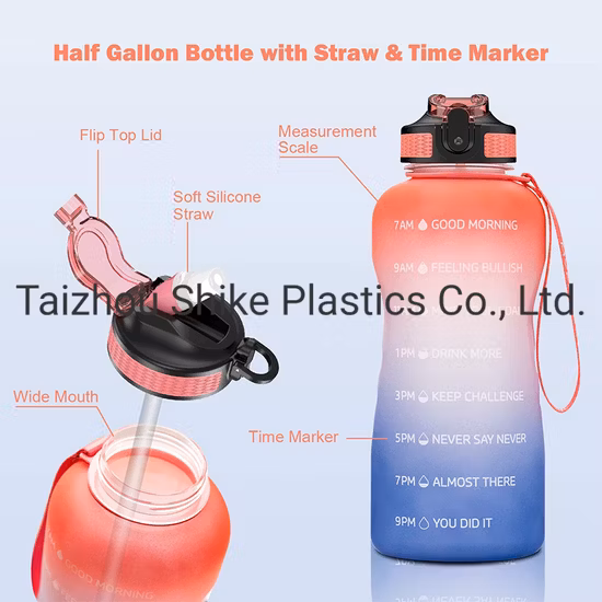 Motivierende Wasserflasche, 64/100 Unzen, halbe Gallone Krug mit Strohhalm und Zeitmarkierung, großes Fassungsvermögen, auslaufsicher, BPA-frei, Fitness-Sport-Wasserflasche